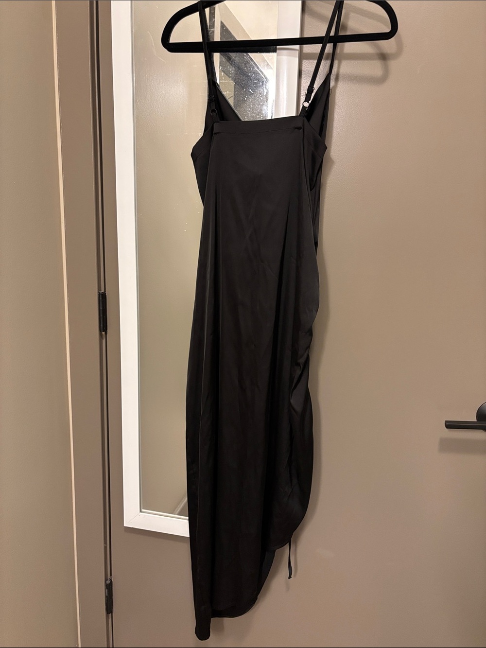 Black Ruched Satin Asymmetrical Midi Dress - Picture 3 of 5